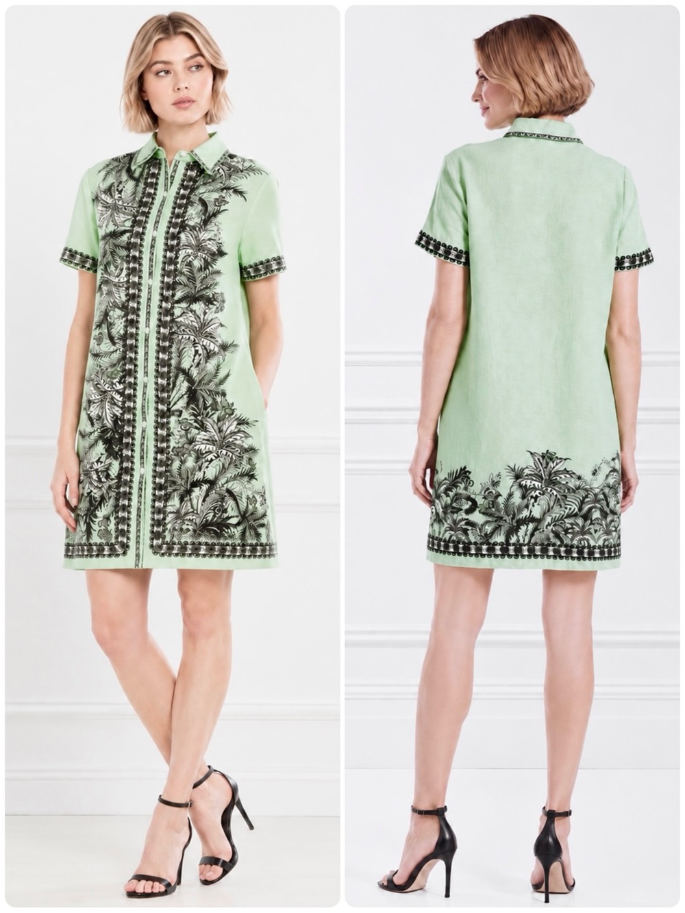 Max Studio Border Shirt Dress Linen Blend Tropical Border Print Side-Seam Pocket